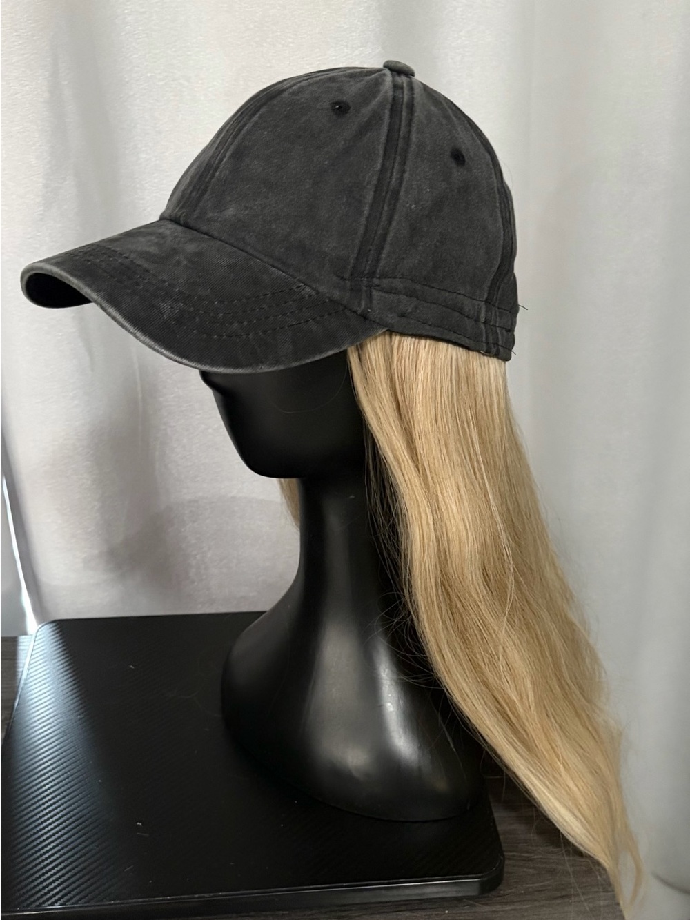 Baseball Hat with Attached Long Straight Blonde Hair Grey Denim Hat Wig